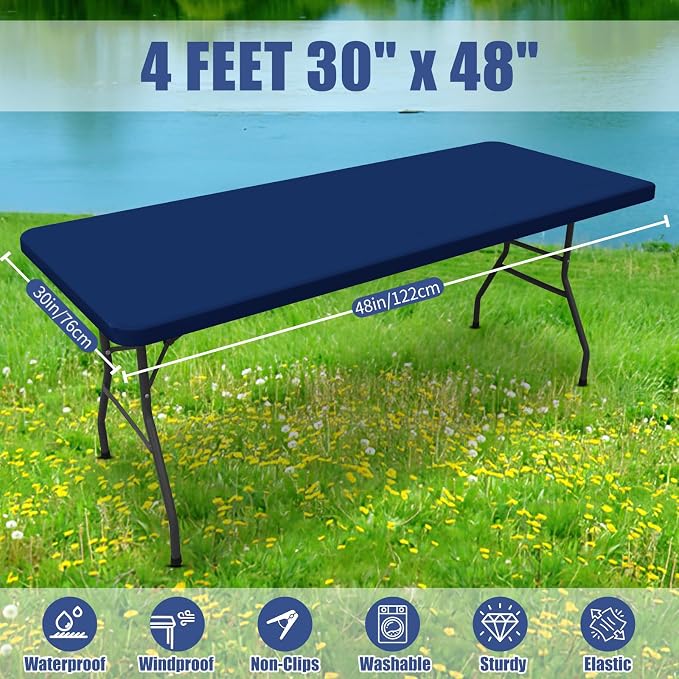 Moosfor Spandex 4 Foot Rectangle Table Cloth 4 Pack, Elastic Fitted Tablecloths for Picnic, Stretch Washable Patio Table Cover for Outdoor, Camping, Banquet and Parties (Navy, 30"x48")