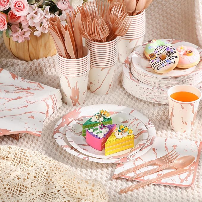 Bokon 350 Pcs Rose Gold Party Supplies Disposable Dinnerware Set Include 100 Plates 50 9 oz Paper Cup 50 Sets Spoon Fork Knives 50 Napkin for 50 Guests Wedding Birthday Valentines Party Decoration