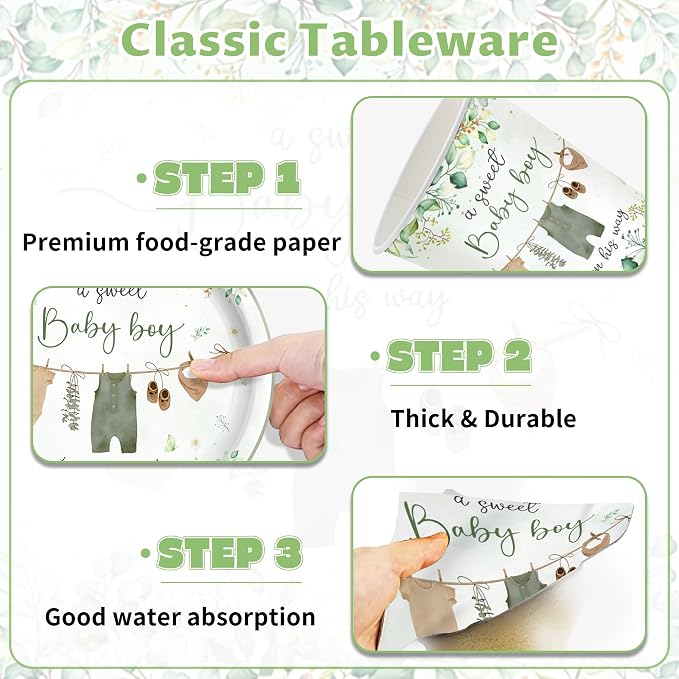140PCS Greenery Baby Boy Shower Decorations Tableware Set, Boho Greency Party Decorations Tableware Set Dessert Plates Napkins Forks for 20 Guests