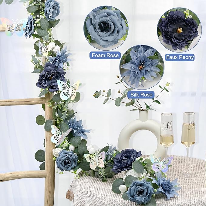 Eucalyptus Garland with Flowers - 6 Pack 5.9 FT Fake Flower Garland with Butterflies Faux Rose Greenery Garlands for Wedding Table Backdrop Arch Centerpieces Decorations - Navy Blue