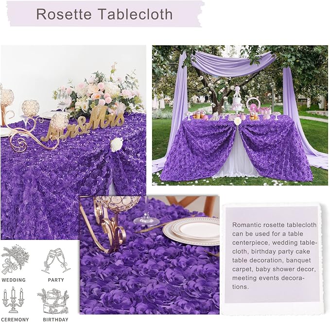 Purple Tablecloth 50x102 Inches Purple Rosette Satin Tablecloth Birthday Party Table Cover Bridal Shower Table Decorations