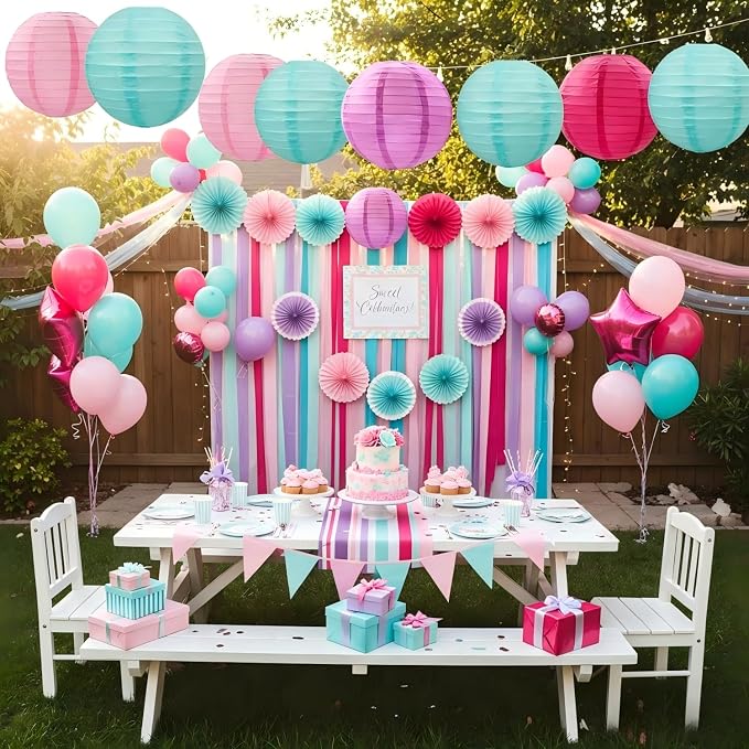 CC wonderland zone 12pcs Hot Pink Purple and Pastel Blue Paper Lanterns,Hanging Paper Lanterns for Girls Baby Shower Ocean Theme Under The Sea Birthday Party Decorations