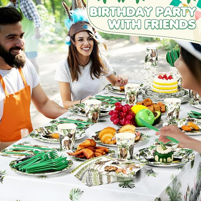 Potchen 452 Pcs Party Supplies Serve 50 Guests, Paper Plates Napkins Cups Cutlery Plastic Tablecloth Dinnerware for Birthday Wedding Party Decoration(Forest Green, Wild Animals)