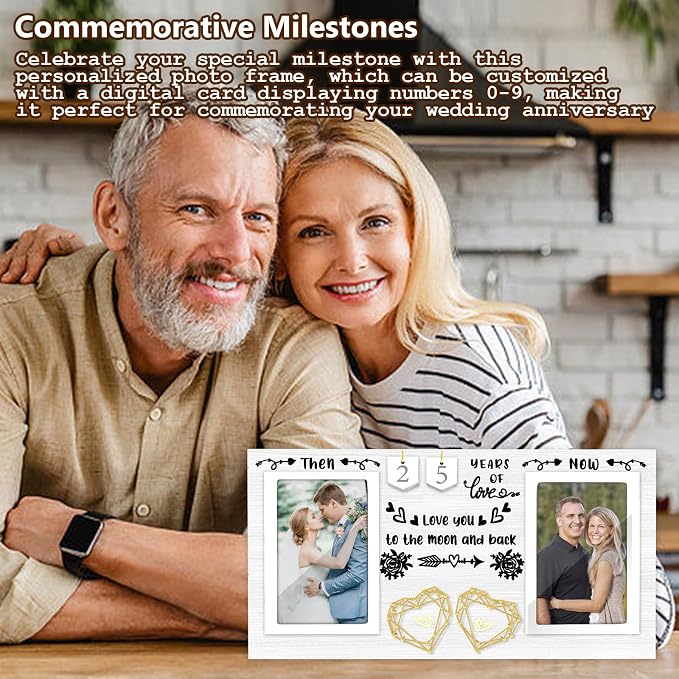Then & Now Anniversary Picture Frame for Couple - 1-99 Years Wedding Picture Frame,Engagement Bridal Shower Gifts for Couples Wooden Photo Frame Holds Two 4x6 Photos-White