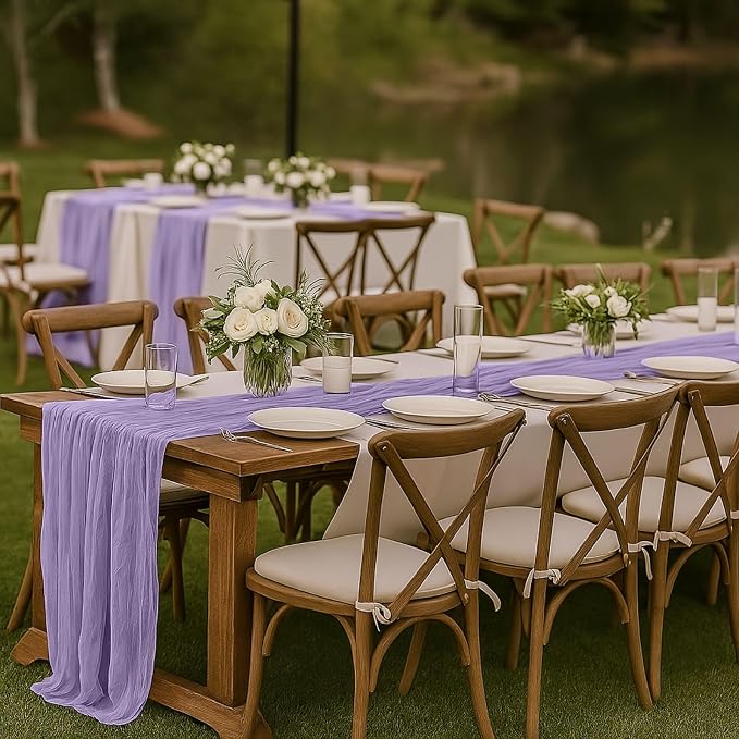 12 Pack Lilac Purple Cheesecloth Table Runner – 10FT x 12pcs Boho Gauze Table Runners for Spring Wedding, Birthday, Fairy Garden Bridal Shower Decor