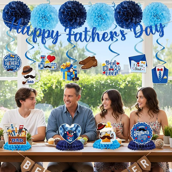 Fathers Day Party Decorations - 19PCS Happy Fathers Day Banners Hanging Swirls Honeycomb Centerpieces Pompoms Party Decor, I Love My Dad Father's Day Holiday Supplies