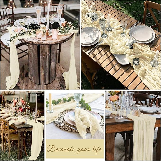 20 Pack Cheesecloth Table Runner 17 x 108 inch Long Boho Gauze Table Runners Semi Sheer Table Runner for Wedding Decor, Baby Shower, Birthday Party, Banquet (Ivory)