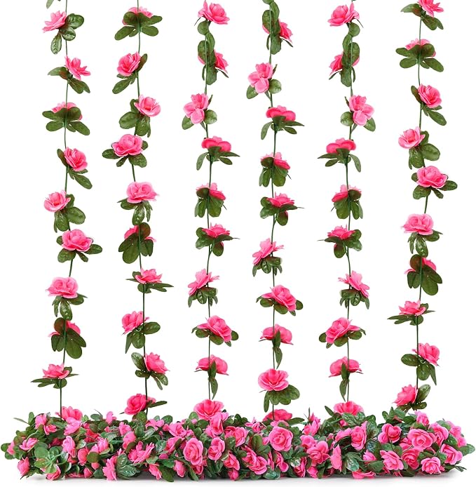 PONKING 6 Pcs x 8.2 ft Flower Garland Artificial Rose Vine Flowers with Green Leaves Hanging Fake Roses Vine for Room Party Home Wedding Birthday Christmas Wall Arch Decor, Spring Magenta Flower