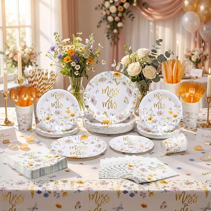 LemonRoad 452 Pcs Miss to Mrs Floral Bridal Shower Decorations for 50, Wildflower Bridal Shower Paper Plates Napkins Cups Tablecloth Cutlery Straws for Wedding Bachelorette Engagement Party Supplies