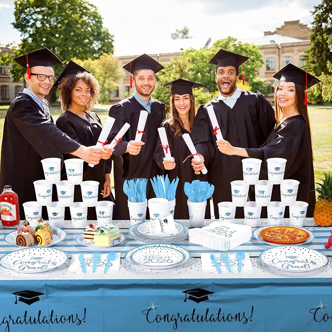 175pcs Class of 2026 Graduation Plates and Napkins Set, Disposable Paper Plate Set Polka Dots Napkin Cups Knife Fork Spoon for Graduation Party Decorations and Supplies,Serve 25 (White LightBlue)