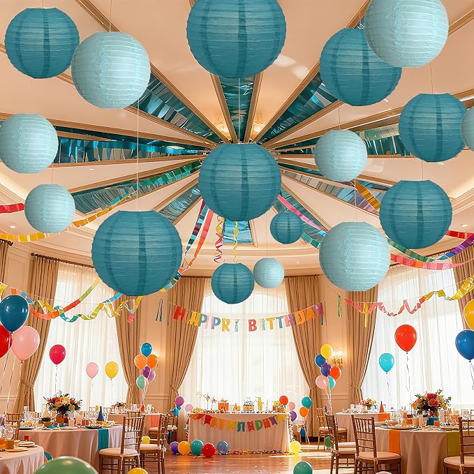 20Pcs Teal Paper Lanterns Decorative, 6"8"10" Blue Hanging Round Paper Lanterns Decorative for Bridal Shower Baby Shower Engagement Wedding Birthday Party