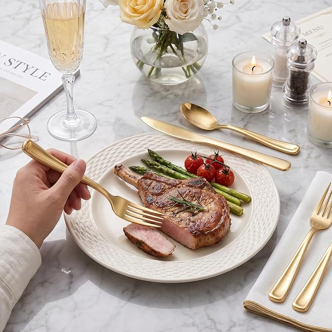 WDF 120 Pieces Gold Plastic Silverware - Disposable Flatware Set - Heavy Duty Plastic Cutlery - Silverware Includes 40 Forks, 40 Spoons, 40 Knives for Party Birthday Baby Shower Wedding Spring
