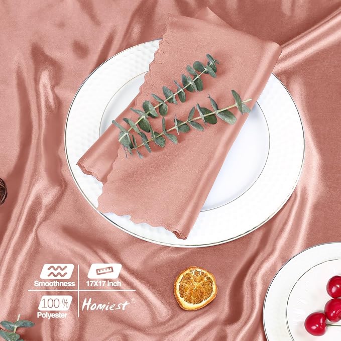Homiest Rose Gold Satin Napkins - 100 Pack, 17x17 Inches, Scalloped Square, Elegant Wedding & Party Napkins
