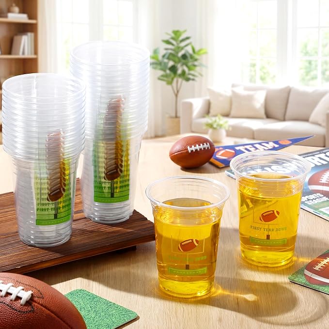 100 Pcs First Year Down Birthday Decoration Cups 16 oz Clear Disposable Football Plastic Party Cups Bulk for 1st Year Birthday Party Supplies Sports Themed Baby Shower