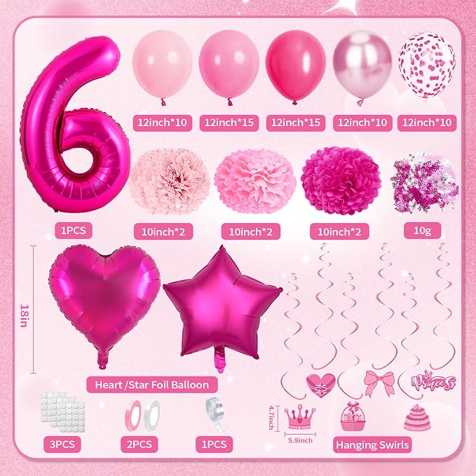 6th Birthday Decorations for Girls, Pink Party Decorations with Number 6 Balloon Happy Birthday Banner Bday Sash Crown Tablecloth Fringe Curtain Hanging Swirl for 6 Year Old Girl Bday Decor