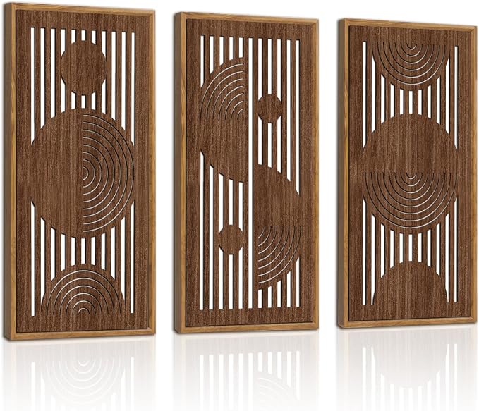 IARTTOP Boho Abstract Wooden Wall Decor Set of 3 Mid-Century Modern Geometric Line Wooden Wall Art 8"x16" Neutral Brown Cutout Wood Panels Decor for Living Room Bedroom Minimalist Home