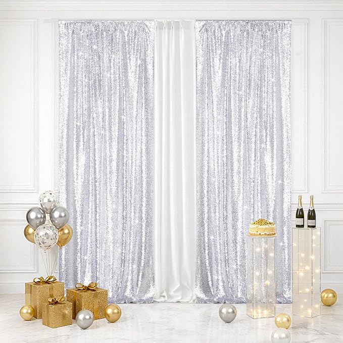 Eternal Beauty Sequin Backdrop Curtains, 2x8 Ft-2 Panels Silver Back Drop for Shimmer Photography Party Wedding Birthday Decor