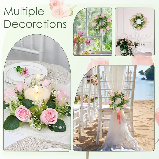 Pink Rose Candle Rings with Flameless Candles Sets - 12PCS Artificial Flower Eucalyptus Wedding Centerpiece 3 Inch Pillar Candleholders Wreaths for Wedding Party Decor (Pink - 6 Sets)