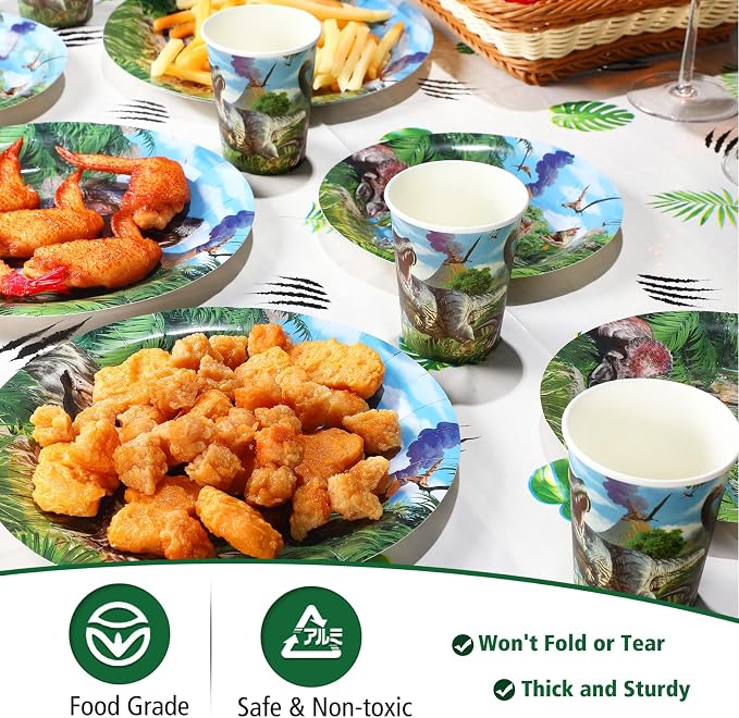 Tatuo 172 Pcs Dinosaur Birthday Party Supplies Dinosaur Theme Party Decorations for Dino Tablecloth Happy Birthday Banner Knife Fork Spoon Plate Napkin Cup Tableware Supplies Serve 24