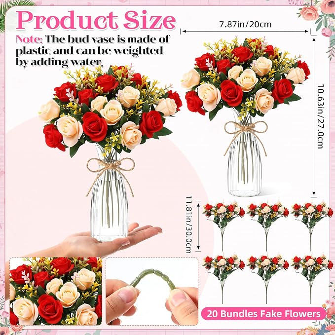 Zeyune 31 Pcs Rose Artificial Flowers with Vase Bulk for Table Centerpiece, 20 Bundles Fake Silk Roses 10 Plastic Clear Vase with 1 Pcs Rope Arrangement Decoration Wedding Home Party(Champagne,Red)