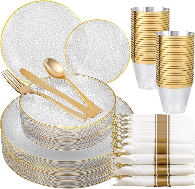 175PCS Clear Plastic Plates for 25 Guests, Disposable Plates for Party, Heavy Duty Disposable Plate Set Include: 25 Dinner Plates, 25 Dessert Plates, 25 Cups and Cutlery for Wedding & Party