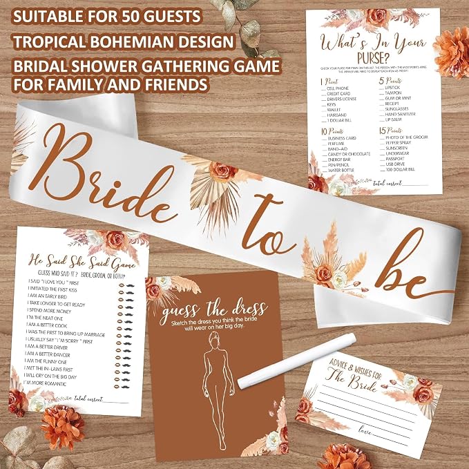 Levfla 300 Pcs Boho Bridal Shower Games Cards - Set of 6 (50 Guests) with Tropical Bohemian Bride to Be Sash 4 PCS Marker Pens Suitable for Pampas Grass Bridal Shower, Terracotta Bachelorette Party