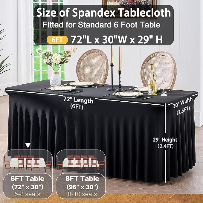 6 Pack Spandex Black Table Clothes for 6 Foot Rectangle Tables, Wrinkle Free Table Cloth Fitted Tablecover Stretchy Tablecloths with Skirt for Parties Wedding Banquet