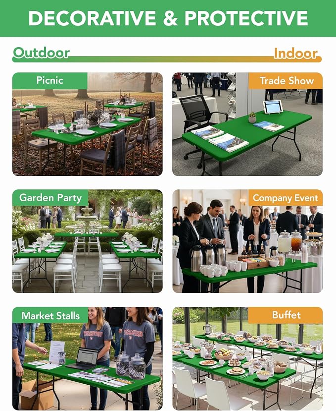 KeyWave Fitted Tablecloth Rectangle Table Cloths - 6 Pack 6 Foot Elastic Stretch Folding Table Top Cover Water-Resistant Reusable for Outdoor Picnic Camping Party Event, Green, 72" L x 30" W