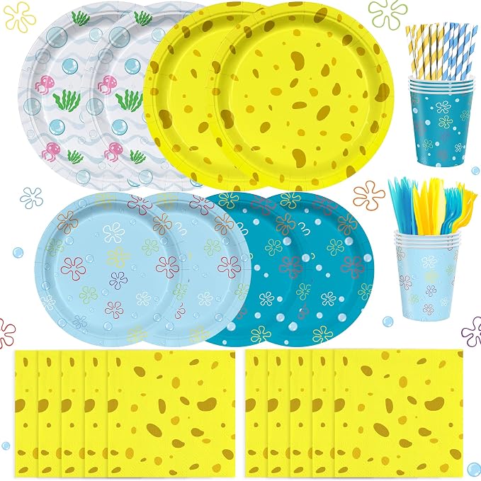 168PCS Cartoon Ocean Themed Birthday Party Supplies | Yellow Undersea Dinnerware Set Serves 24 Guests | Disposable Plates Cups Napkins Cutlery Straws for Kids Boys Girls Birthday Decorations