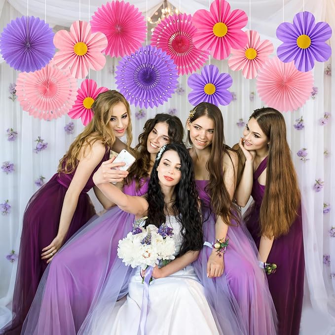 Pink Purple Party Decorations, 12PCS Hanging Paper Fans Flower Wall Backdrop for Wedding, Birthday, Baby Shower, Bridal Shower, Nursery, Indoor Outdoor Classroom Decor