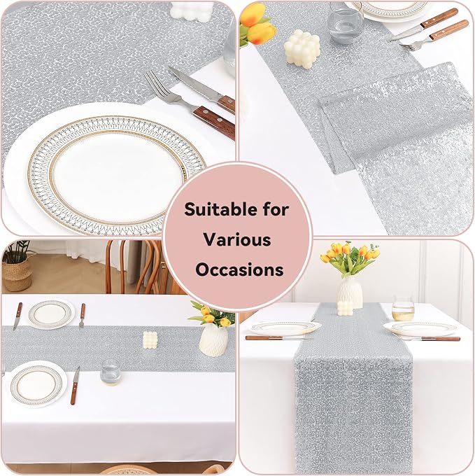 Sugargirl 10 Packs 12 x 72 inches Sequin Table Runner, Glitter Silver Table Runner for Birthday Party Supplies Wedding Holiday Celebration Event Decorations
