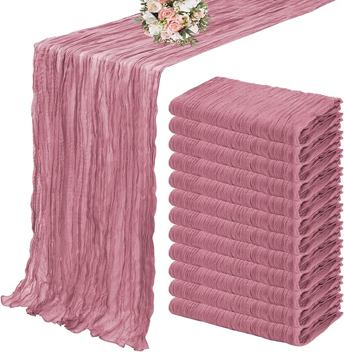 12 Pack Cheesecloth Table Runner 35 x 120 inch Long Boho Cheese Cloth Gauze Table Runners Semi Sheer Table Runner for Wedding Decor, Bridal Shower, Birthday Party (Dusty Rose)