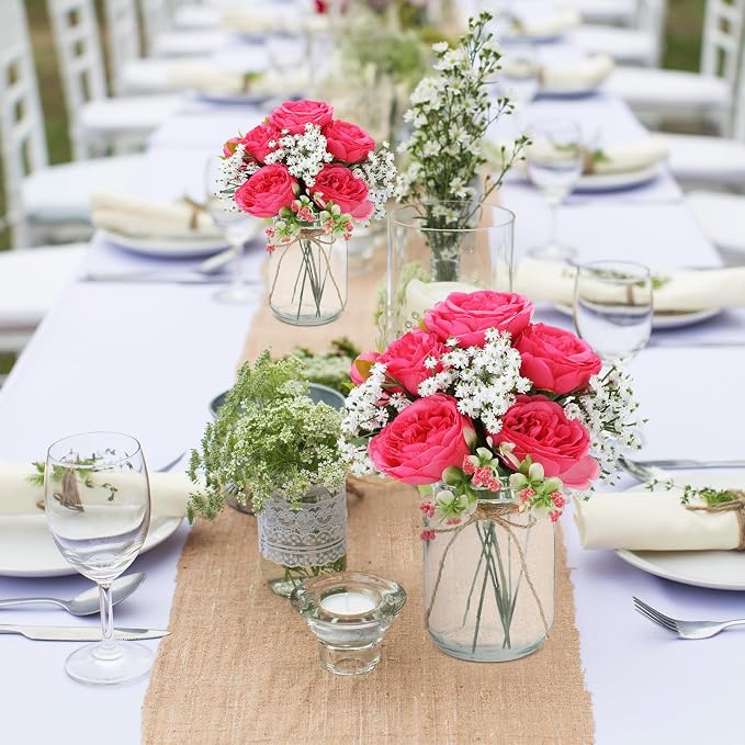 Zeyune 12 Sets Mason Jar Centerpiece Table Decorations, Artificial Peony Baby's Breath Flower Bouquets, Faux Flowers with Vase, Rustic Decor Gifts for Home, Wedding, Holiday (Hot Pink)