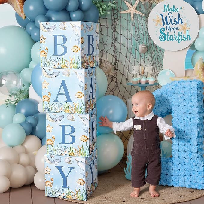 4 Pcs Under The Sea Baby Shower Boxes Ocean Theme Baby Shower Decorations Blocks with Letter Underwater Sea You Soon Party Centerpiece for Backdrop