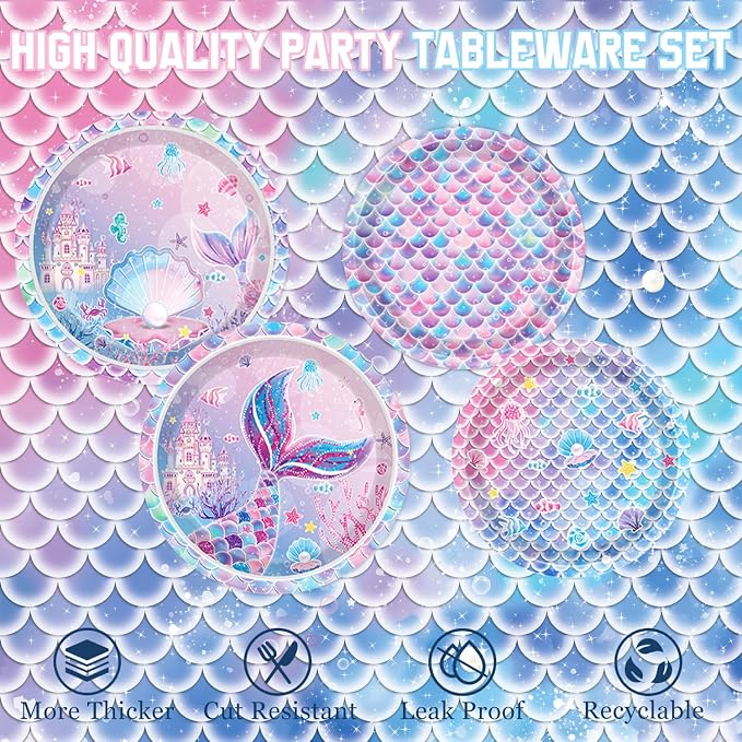 Mermaid Birthday Decorations Include Plates, Napkins, Cups, Cutlery, Hanging Swirls, Banner, Cake & Cupcake Toppers, Balloons, Tablecloth for Mermaid Party Decorations, Serve 20