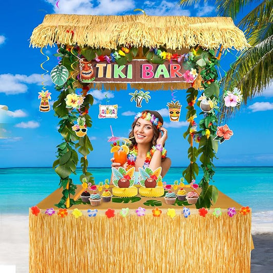 Auihiay Abundant Tiki Bar Hut Kit, Portable Outdoor Tiki Bar Decor with Hawaiian Leis, hanging swirl decoration, Roof, Banner, Luau Party Supplies for Tropical Themed Pool Beach Hawaiian Parties