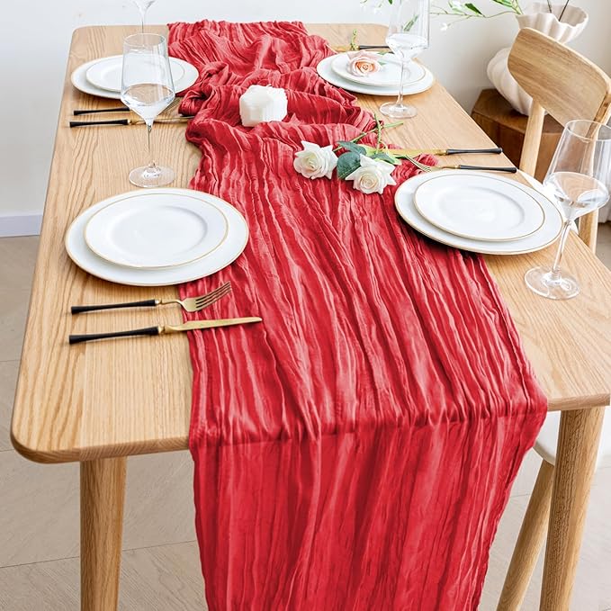 Wokceer Cheesecloth Table Runner Christmas 10FT Red Boho Gauze Fall Cheese Cloth Table Runner for Party Long Rustic Sheer Table Runners for Baby Bridal Shower Wedding Easter Table