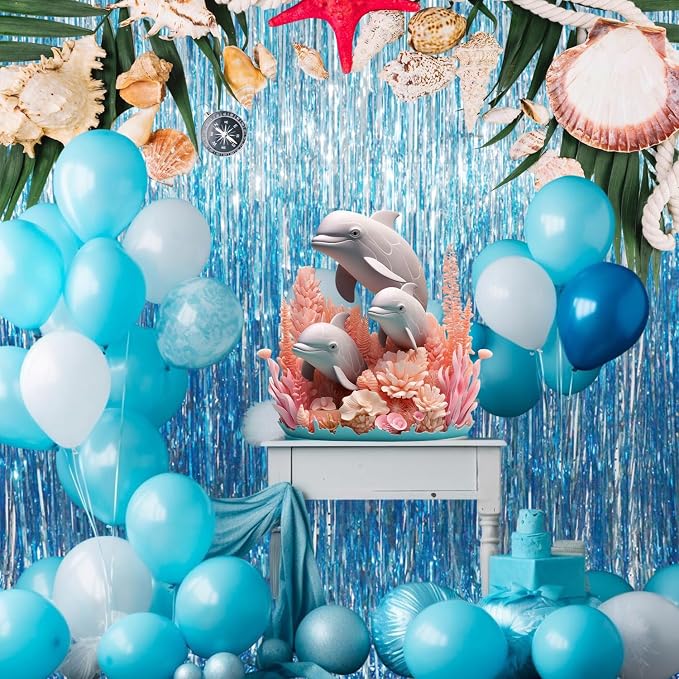 GOER 3.2 ft x 9.8 ft Metallic Tinsel Foil Fringe Curtains Party Photo Backdrop Party Streamers for Birthday,Graduation,New Year Eve Decorations Wedding Decor (Light Blue,3 pcs)