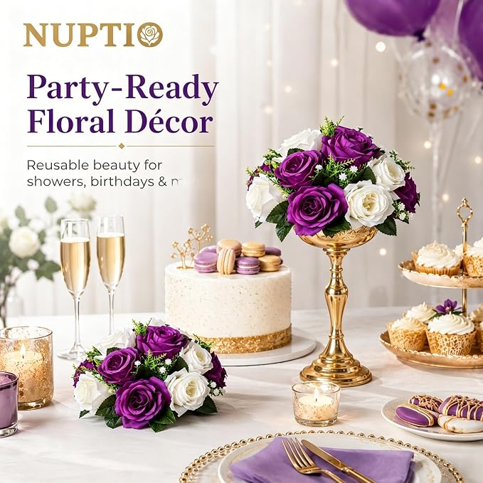 NUPTIO Flower Balls Centerpieces for Tables: Purple & White Fake Roses | 2 Pcs 9.5 inch, Artificial Flower Arrangements for Wedding, Birthday Party, Bridal Shower, Quinceanera Decorations