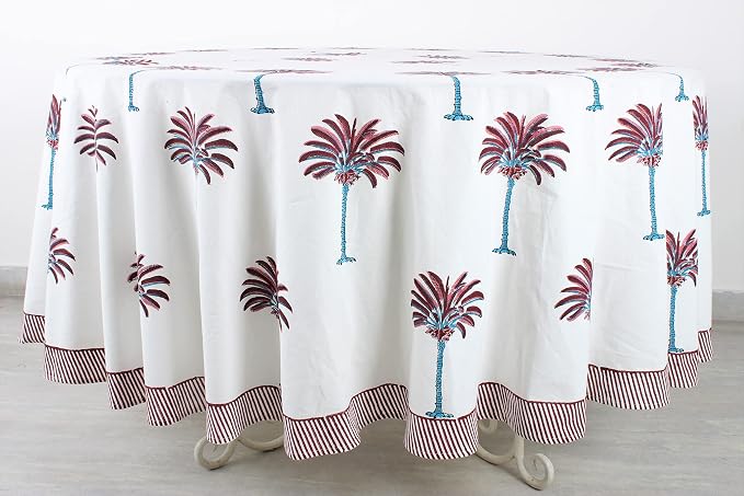 Ridhi Round Tablecloth Hand Block Print 100% Cotton Reusable Red Palm 110 Inch Table Cover Decorative Everyday Use for Dining, Home, Party, Wedding, Farmhouse, Party Gift for Spring, Mother's Day
