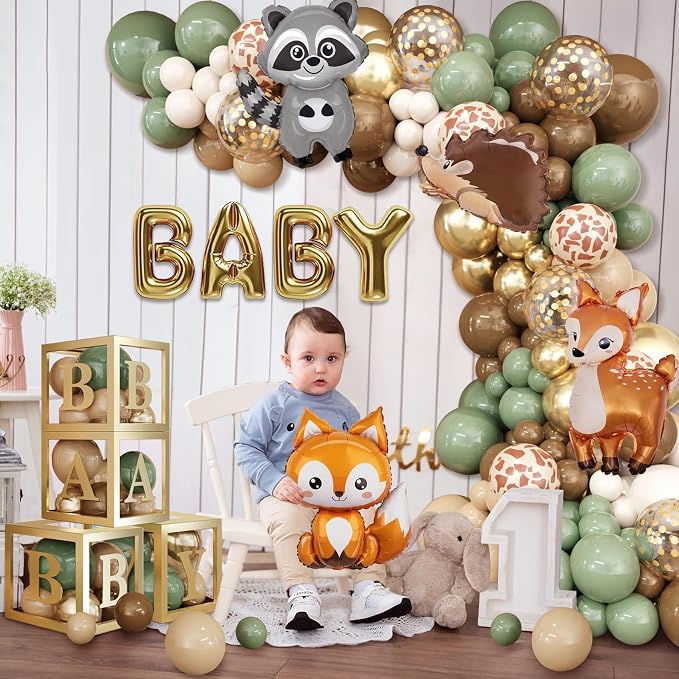 Amandir 137pcs Woodland Animals Baby Shower Decoration Boxes Sage Green Brown Balloon Garland Arch Kit Woodland Themed Animal Foil Balloons for Neutral Forest Jungle Safari Party Supplies
