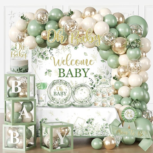 286 Pcs Sage Green Baby Shower Decorations Set-Serves 25 Guests -All-in-One Gender Neutral Party Supplies Kit Includes Balloon Arch, Backdrop, Tableware Set, and Sash