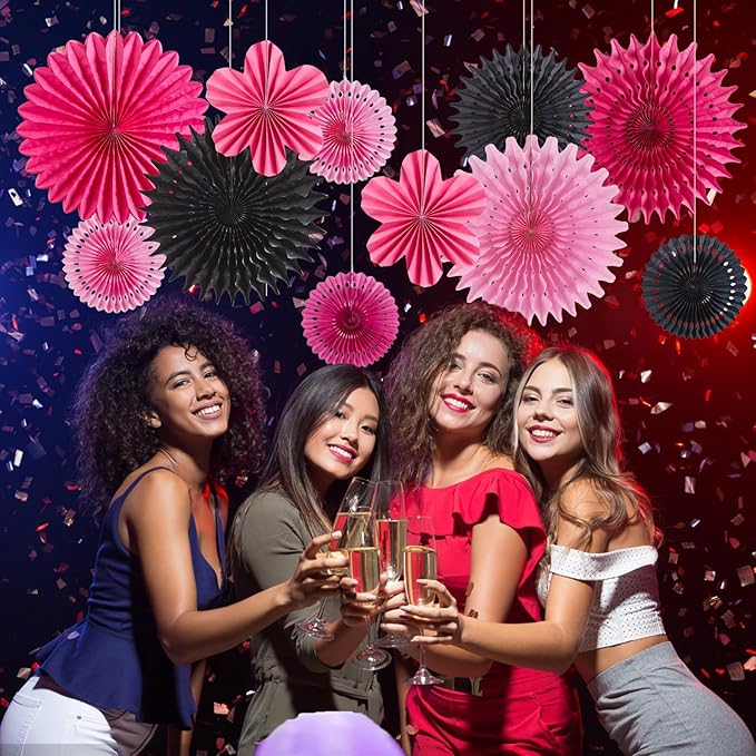 11PCS Hanging Paper Fans Decorations Pink Black Birthday Party Decorations for Girls Sweet 16 18 21st Birthday Bridal Shower Wedding Bachelorette Galentine's Party Decor Supplies