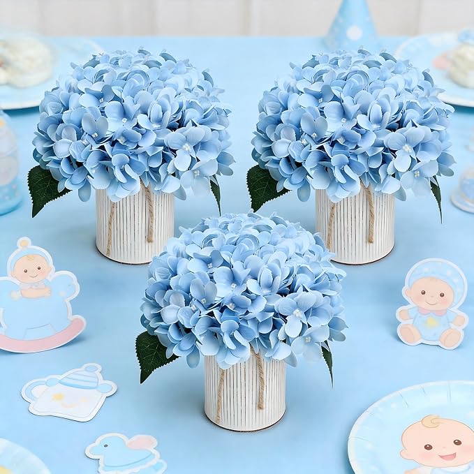 Flower Table Centerpieces - Set of 6 Floral Arrangement Artificial Wedding Hydrangeas Floral Arrangement with Rustic Metal Vase for Bridal Tea Party Event Decorations - Pastel Blue
