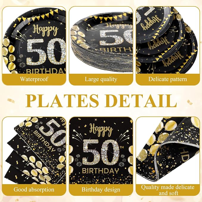 Funnymoom 452 Pcs 50th Birthday Decorations for Men, Black and Gold 50th Birthday Paper Plates Cups Napkins Tablecloth Cutlery Straws for Men Women 50 Year Old Party Supplies for 50 Guests