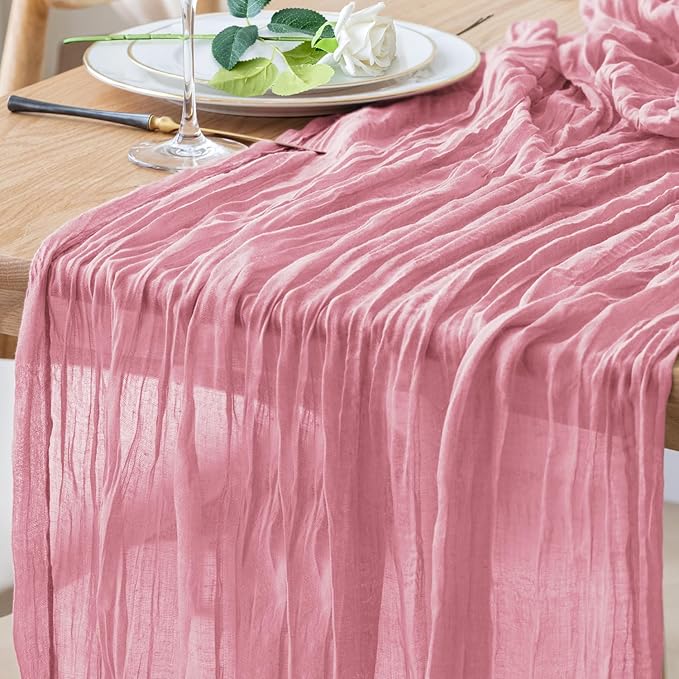 Table Runner Cheesecloth 10FT Pink Boho Gauze Cheese Cloth Rustic Sheer Table Runners for Wedding Birthday Bridal Baby Shower Party Decoration