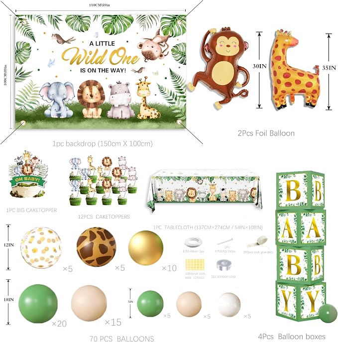 Safari Baby Shower Decorations Boy - Jungle Theme Party Supplies Include Balloon Garland Arch, Wild One Backdrop, Tablecloth, 4 Printed Boxes, Monkey Giraffe Foil Balloons - Sage Green