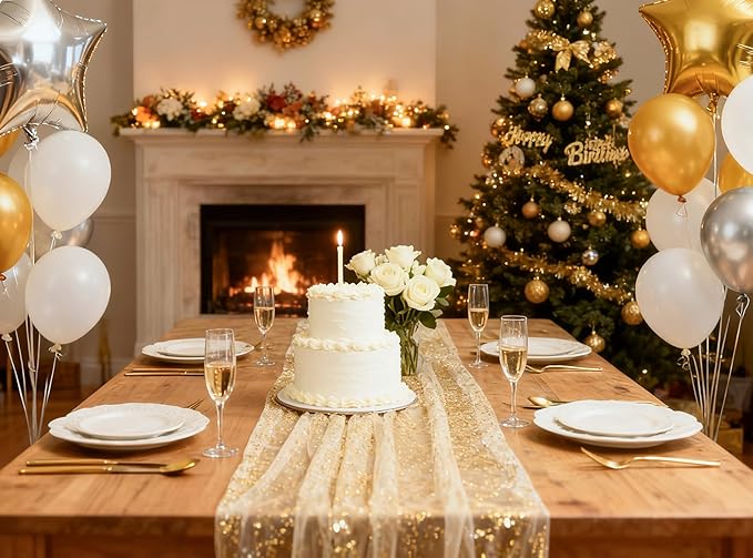 FEXIA 2Pcs Ramadan Decor Table Runner, Gold Glitter Table Runner for Wedding Table Decor, Spring Party Decorations, Elegant Dining Table Centerpiece for Eid Celebrations, Ivory Gold