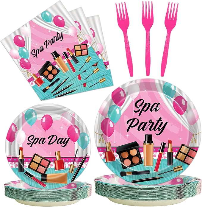 Kepeel 96 Pcs Spa Party Plates and Napkins Set, Spa Day Makeup Party Supplies Decorations for Girls Kids Princess Sweet Pink Make up Theme Birthday Party Tableware Kit, Serves 24