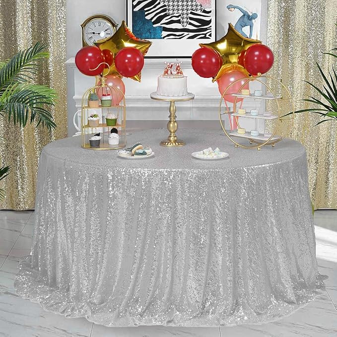 132 Inch Round Silver Sequin Tablecloth, Metallic Large Glitter Sparkle Table Cloth for Dining Banquet Table, Sequin Table Linen for Wedding Bridal Shower Party Decorations
